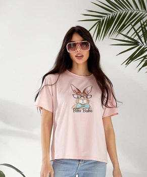 Футболка женская хлопковая свободного кроя с принтом весенняя G&M k-128383 42-46 Размер цвет Пудра