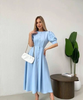 Платье-трапеция женское из костюмной ткани миди классическое с короткими рукавами весеннее G&M k-128440 46 Размер цвет голубой