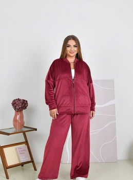 Спортивный костюм женский из велюра с курткой на молнии и широкими брюками оверсайз демисезонный G&M k-128060 56-58 Размер цвет бордо