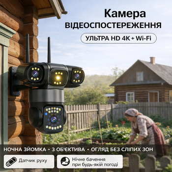Уличная камера видеонаблюдения Wi-Fi PTZ 15MP 4K с тремя объективами и тройным экраном двусторонним аудио поворотная 355°