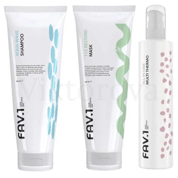Набір для зволоження та відновлення волосся FAV.1: Шампунь FAV.1 AQUA WAVE SHAMPOO 250 мл + Маска FAV.1 112 RESTORE MASK 250 мл + Термозахист FAV.1 ALL IN ONE MULTI THERMO 200 мл