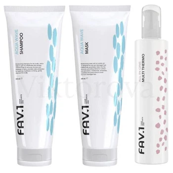 Набор для увлажнения волос FAV.1: Шампунь FAV.1 AQUA WAVE SHAMPOO 250 мл + Маска FAV.1 AQUA WAVE MASK 250 мл + Термозащита FAV.1 ALL IN ONE MULTI THERMO 200 мл
