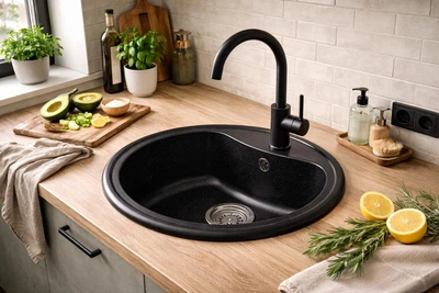Мийка кухонна, гранітна, кругла Valetti 3S 49x49см Чорна + змішувач