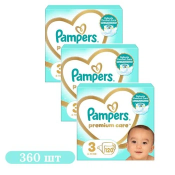 Дитячі підгузки 360 шт Pampers Premium Care розмір 3 (6-10 кг) Дитячі підгузники памперс з індикатором вологи та захистом до 12 годин Памперси преміум для дітей