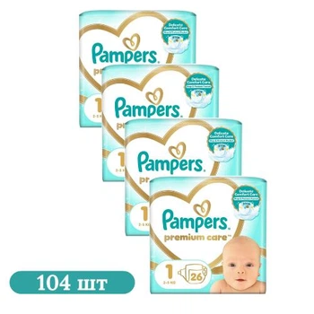 Детские подгузники 104 шт Pampers Premium Care размер 1 (2-5 кг) Детские подгузники памперс с индикатором влаги и защитой до 12 часов Памперсы премиум для детей