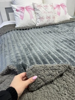 Плед покрывало искусственная овчина 200×220 двусторонний очень тёплый плед полоска на диван евро размер цвет Графит