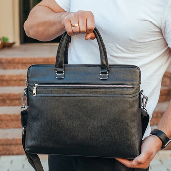 Кожаная мужская деловая сумка 38x29x8, папка портфель для работы Tiding Bag 30987 черная
