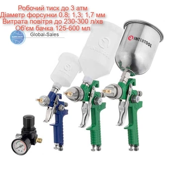 Набор краскопультов HVLP Intertool 125-600 мл x 0.8-1.3-1.7 мм верхний бак (PT-1505)
