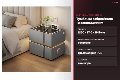 Тумбочка смарт SZXF01 серая с LED подсветкой, беспроводной зарядкой, Bluetooth, USB и датчиком движения 50x42x49 Smart тумба