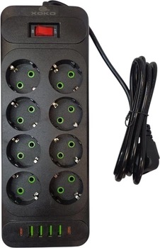 Сетевой фильтр XoKo SP-8-4-2 (F34U), 2м, 8 розеток, 4 USB-A, 2 USB-C порта Черный (XK-SP-8-4-2-BK)