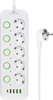 Сетевой фильтр XoKo SP-5-2-1, 2м, 5 розеток, 2 USB-A, 1 USB-C, выключатели каждой розетки Белый (XK-SP-5-2-1-WH)