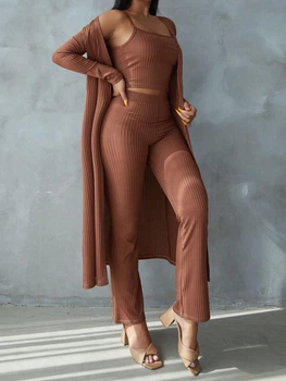 Жіночий Костюм (кардиган+топ+штани) SHEIN 925555-3 Petite L коричневий (2000005293061)