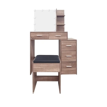 Туалетний столик з дзеркалом і підсвідкою (8 LED ламп) Avko ADT 17 Grey Walnut LED підсвітка, з 5 шухлядами, полицями та табуретом