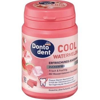 Жевательная резинка без сахара, арбуз-ментол Dontodent Kaugummi Cool Watermelon, zuckerfrei 50 шт