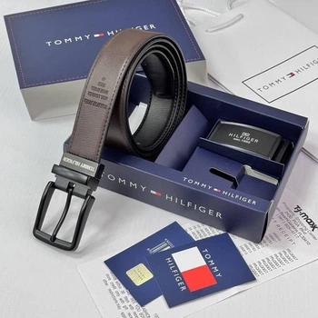 Чоловічий ремінь TOMMY HILFIGER натуральна шкіра двосторонній чорний з коричневим 120 см (LUX1404)
