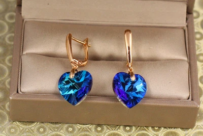 Сережки підвіски Xuping Jewelry Сваровські сердечки великі сині хамелеон 2,8 см золотисті