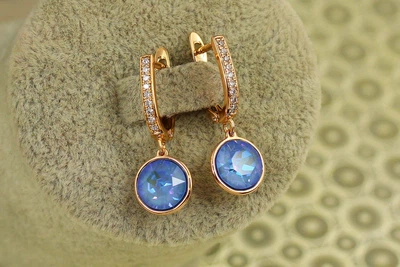 Сережки підвіски Xuping Jewelry Сваровські кружечки блакитні хамелеон 2,8 см золотисті