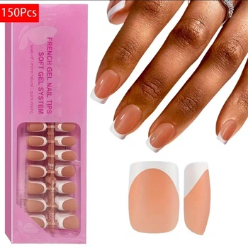 Гелевые типсы для наращивания Soft Gel с французским маникюром глянцевые короткий квадрат S 150 шт бежевые с белой линией френча (0125)