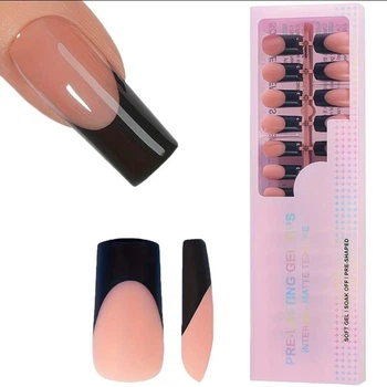 Гелевые типсы для наращивания Soft Gel с французским маникюром матовые квадрат L 150 шт бежевые с чёрным френчем (0017)