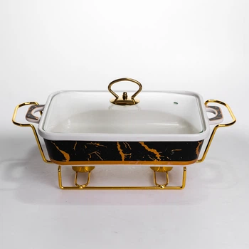 Мармит мармитница фарфоровая прямоугольная 1.5 л 35.5х19х15.5 см Black Marble • с подогревом на подставке для блюд кафе HoReCa • поддерживает температуру блюд Yiwu