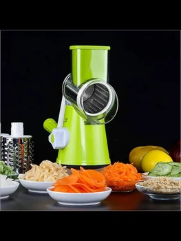 Универсальный ручной мультислайсер Kitchen Master 3-в-1 с барабанными насадками для измельчения, шинковки и нарезки слайсами овощей, фруктов, сыра и орехов, механическая овощерезка с нержавеющими лезвиями и антискользящим основанием.