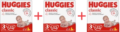 Упаковка підгузків Huggies Classic 3 4-9 кг Jumbo 3 пачки по 52 шт (5029053579788_1)