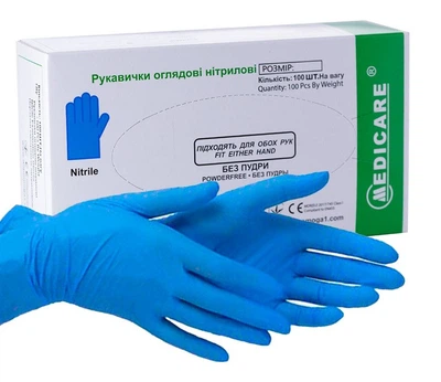 Перчатки смотровые нитриловые текстурированные, нестерильные, хлорир, без пудры, р-р S, Medicare 50 пар/100 шт
