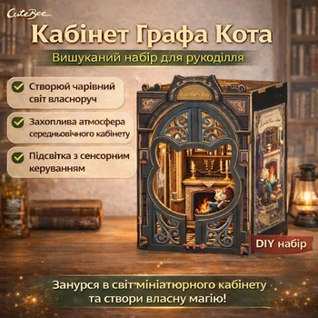 Румбокс Book Nook «Кабінет Графа Кота» з LED освітленням – Набір Для Створення Книжкового Куточка мініатюрний домік з підсвіткою Діорама DIY DollHouse