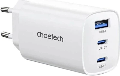 Сетевое зарядное устройство CHOETECH PowiX USB-A/2xUSB-C PD 65W Ultra-Thin White (PD9006-EU-WH)