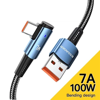 Кабель Essager USB to Type-C кутовий, 100W, 7A, 2м, 480 Мбіт/с, передача даних / зарядка, індикатор, підвищеної міцності, синій