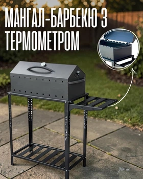 Мангал-барбекю з термометром на розбірній дровниці / мангал для 9 шампурів 4 мм / гриль з кришкою та полицями, чорний