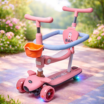 Дитячий самокат 5 в 1 BAQ Pink з батьківською ручкою, захисним бортиком, LED підсвіткою та музикою — трансформер від 10 місяців