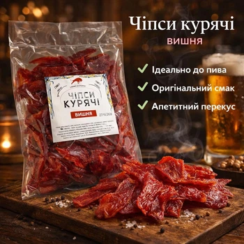 Чіпси курячі зі смаком вишні м’ясний снек до пива 500 г