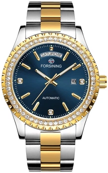 Наручний годинник Forsining 6919 Silver-Gold-Blue Steel Елегантний