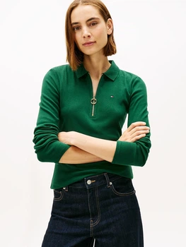 Жіночий лонгслів Tommy Hilfiger, slim fit, комір поло, зелений, розмір M
