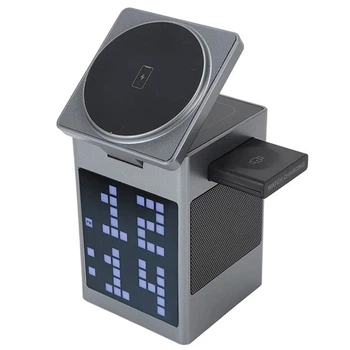 Зарядний бездротовий пристрій Hoco DWQ04 Мультизарядка 3 в 1 + Bluetooth-колонка + будильник Qi, BT5.3, 15W для пристроїв Сірий