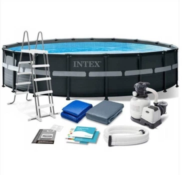 Круглый каркасный бассейн Intex 26330 с лестницей, насосом-фильтром и скиммером, 549x132см 26423л