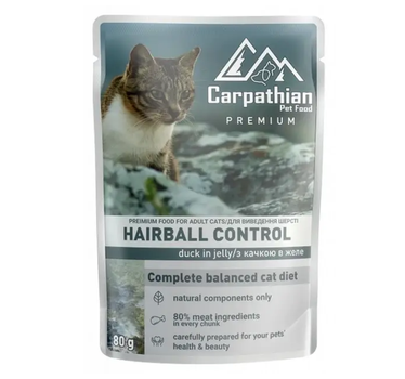 Влажный корм для котов Cat Carpathian Pet Food выведение шерсти утка в желе 80 г, ПАУЧ
