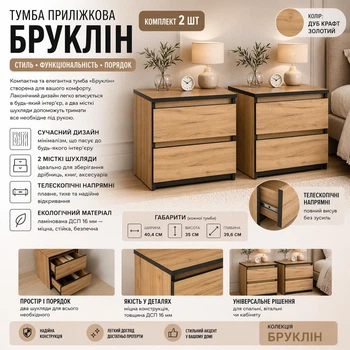 Тумбочка прикроватная (комплект 2 шт) Бруклин Мебель Сервис Дуб крафт золотой 40,4х35х39,6 см