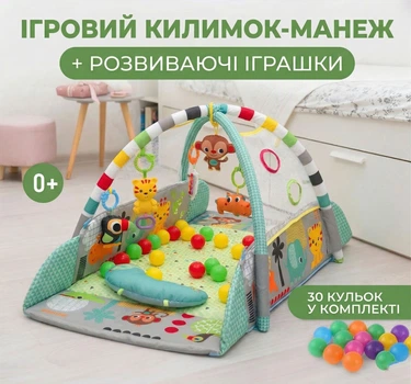 Детский развивающий игровой коврик-манеж с мягкими бортиками дугой подвесными игрушками погремушками подушкой для малыша Зеленый