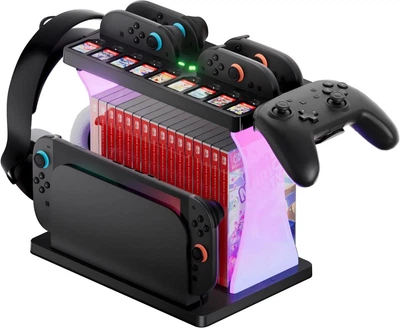 Станція-органайзер для Nintendo Switch 2: зарядка 4 Joy-Con, 16 кейсів, 9 картриджів, RGB, тримач Pro