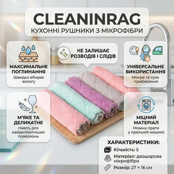 Микрофибровые кухонные полотенца CleaninRag, 5 штук, 27×16 см, разноцветные