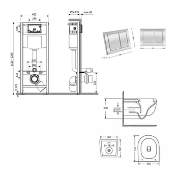 Готове рішення Qtap для ванної кімнати: підвісний унітаз Taurus Ultra Quiet 515×360×350 + комплект інсталяції Nest 4 в 1 (квадратна клавіша Chrome)