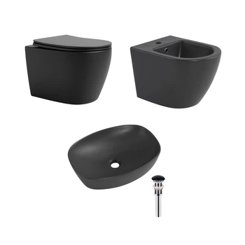 Комплект Qtap Robin Anthracite 3 в 1: унитаз подвесной Ultra Quiet + биде подвесное + раковина накладная QTROBAN49157