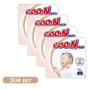 Детские подгузники 304 шт Goo.N Plus, размер 1 NB (для новорожденных до 5 кг) Детские одноразовые подгузники с индикатором влаги и защитой от протечек Памперсы для детей