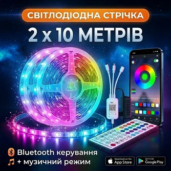 Світлодіодна стрічка RGB Smart LED розумна світлодіодна стрічка з блютуз керуванням кольорова підсвітка самоклеюча гнучка LED стрічка з Bluetooth керуванням пультом ДУ 2х10м Kayfovo RLS-20