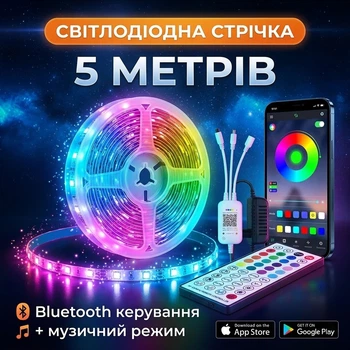 Світлодіодна стрічка RGB Smart LED розумна світлодіодна стрічка з блютуз керуванням кольорова підсвітка самоклеюча гнучка LED стрічка з Bluetooth керуванням пультом ДУ 5м Kayfovo RLS-5