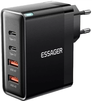 Мережевий зарядний пристрій 100W Essager GAN QC4.0+PD3.0 швидка зарядка для ноутбука, телефона та планшета 4 порти 2xType-C + 2xUSB-A (ECT2CA-QYB01-Z) Black