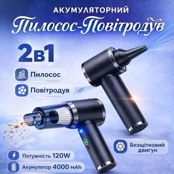 Потужний автомобільний пилосос для дому та машини 120W ручний акумуляторний Автопилосос із насадками