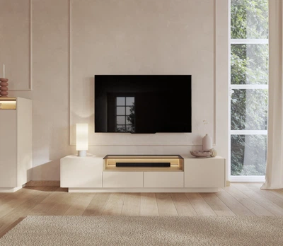 Тумба под ТВ с подсветкой Perfect Home Хиро / Hiro 2D2S/203 2-дверная с 2 ящиками Беж/дуб кремона